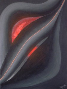 Een van Renske Cramers schilderijen: Assimilatiemodel (2015). (Acryl op doek, 30 x 40 cm.)