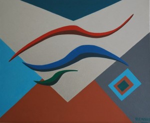 Een van Renske Cramers schilderijen: Drie gedachten. (Acryl op doek, 50 x 60 cm.)