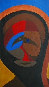 Een van Renske Cramers schilderijen: Binnen (2008). (Acryl op karton, 30 x 54 cm.)