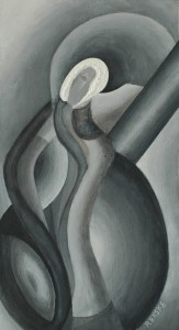 Een van Renske Cramers schilderijen: Ma dame des neiges (2013). (Acryl op karton, 40 x 22 cm.)