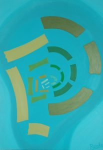 Een van Renske Cramers abstracte schilderijen: Inleiding tot de psychologie: tegenstrijdige gedachten.